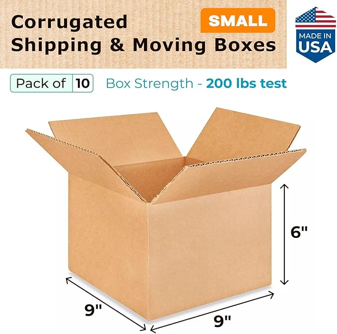 Small Moving & Shipping Boxes 9x9x6 inches (10-Pack) - Extra Strength 200 lb vs Regular - Corrugated Strong Boxes for Packaging - Cardboard Box Moving - Small Packing Box by IDL Packaging