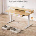 Kingant 55 x 30 Inch Electric Standing Desk with 4 Drawers, Adjustable Height Computer Desk for Home Office, Large Workstation Sit Stand Up Desk with Built-in USB A/C Charging Ports, Nature