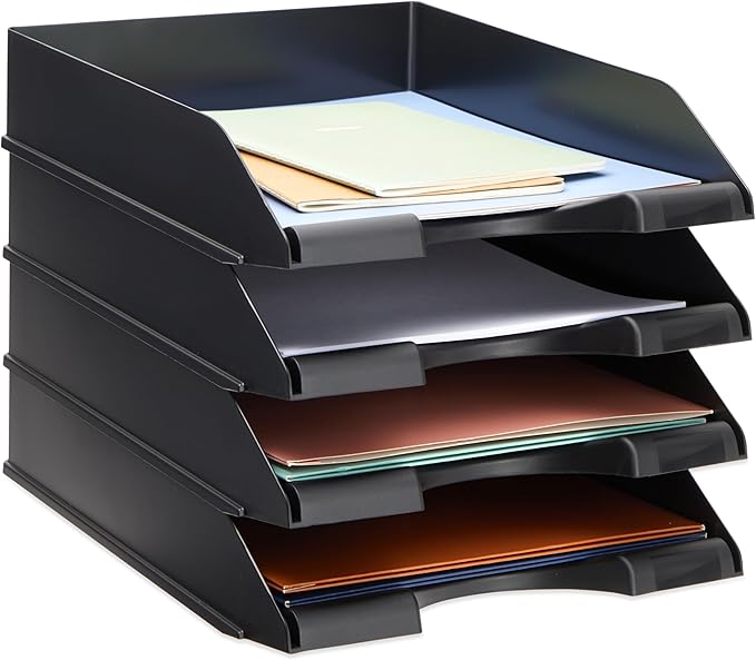 Stockroom Plus Letter Tray - Stackable Desk Organizer Trays - Desktop File Organizer - Mail & Document Storage - Pack of 4, Black, 10 x 13.5 x 2.5 in