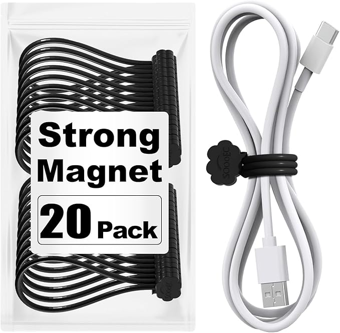 SOOOEC Black Magnetic Cable Ties, 20 Pack 7.2" Magnetic Cord Ties Cute Cloud Design, Silicone Magnetic Ties for Cord Organizer, Black Color.