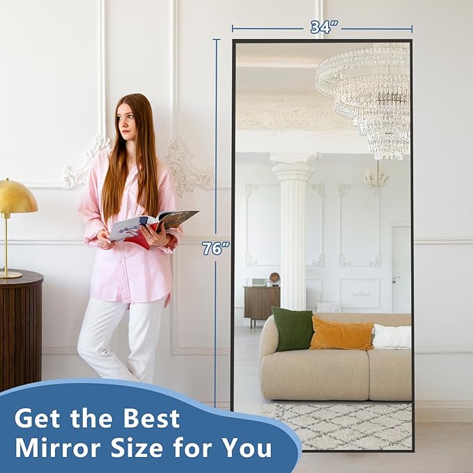 76"X34" Large Floor Mirror Full Length with Stand, Oversized Black Free Standing Full Length Mirror for Bedroom Living Room Home Gym, Rectangular Full Body Mirror, Tempered Glass