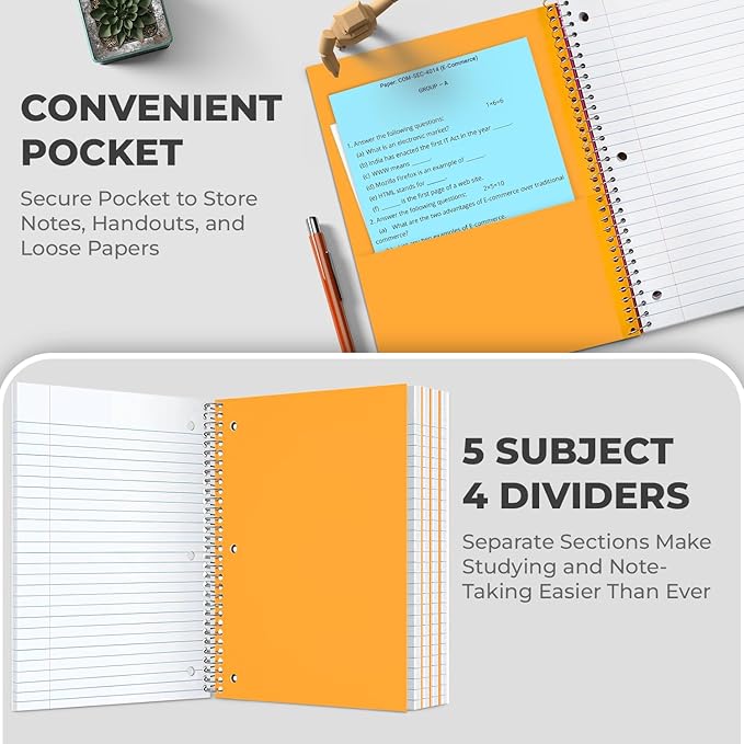 Rosmonde Spiral Notebook 36 Pack, 5 Subject, 300 Pages/Book (150 Sheets), College Ruled, 8 x 10-1/2, School & Office Bulk Spiral Notebooks, Sturdy Spiral Journal Notebook, Soft Cover, Assorted Colors