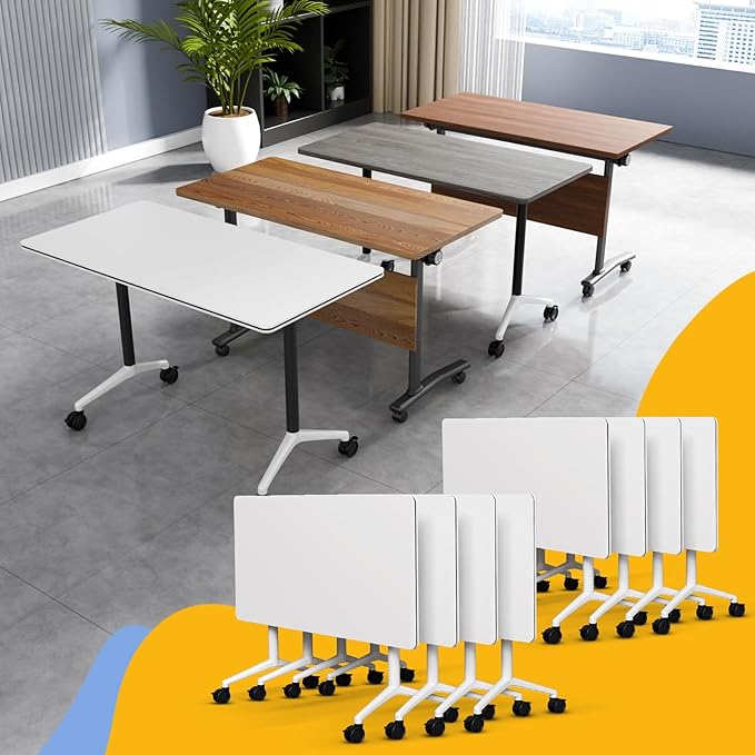 Conference Table Flip Top Mobile Conference Room Tables,Folding Conference Table with Wheels,Large Meeting Training Seminar Table Saving Space for Office Classroom (8, White, 47.2'')