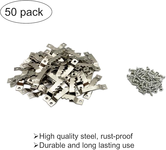 50 Pack Small Sawtooth Picture Hangers Steel Picture Hangers Picture Frames Hangers with Screws Picture Hang Solutions, for Hanging Clock Paintings Artwork Picture Frame Hook Photos (Silver)