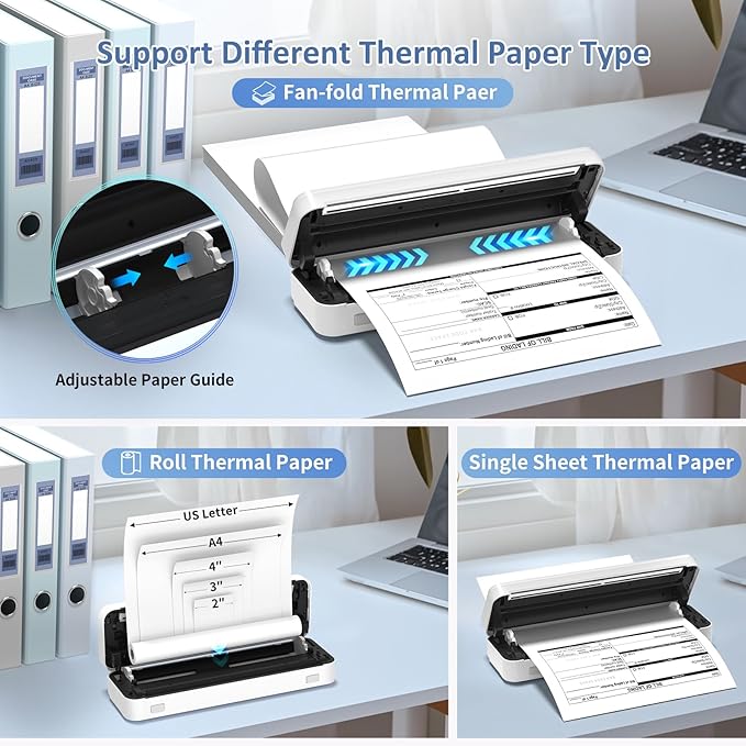 Inkless Portable Printer for Travel, Wireless Thermal Printer Supports 8.5 x 11 Inch US Letter Size, Bluetooth Machine Includes Carry Case and 3 Rolls of Thermal Paper Kit, White