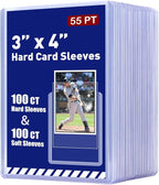 200ct 55pt 3" x 4" Hard Plastic Card Protector - 100ct Hard Card Sleeves and 100ct Soft Card Sleeves for Trading Cards, Clear Open-Top Card Holder, Fits Standard Trading, Baseball, Sport, Game Cards