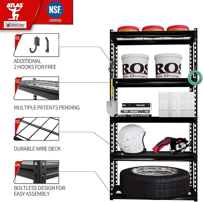Shuntong The Atlas 30" W x 12" D x 60" H Adjustable Garage Storage Shelves Load 2500 lbs, 5 Tier Heavy Duty Shelving Unit, Metal Utility Storage Rack for Warehouse Pantry Basement Kitchen, Black