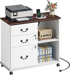 DEVAISE 3 Drawer File Cabinet,Wood Lateral Filing Cabinet with Lock & Charging Station,Rolling Printer Stand with Storage for Home Office,White
