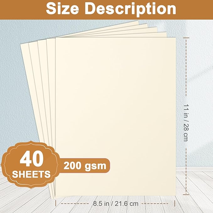 Silunkia 40 Sheets Cream Cardstock 8.5 x 11 Off White Paper, 200gsm/75lb Ivory Card Stock Certificates Paper for DIY Cards Making, Business Cards, Invitations, School Crafting, Menus, Office Printing