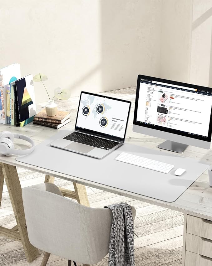 YSAGi Non-Slip Leather Desk Pad L Size, Waterproof Laptop Computer Desk Keyboard Mat, Table Protector Blotter Mat, Large Mouse Pad for Office/Work/Home/Decor(White, 35.4" x 17")