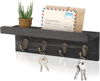 HRONRAD Rustic Key Holder for Wall, Farmhouse Wall Shelf with 4 Hooks, Wall Mounted Key Racks, Wooden Mail Organizer with Hooks for Entryway (Black - Pine)