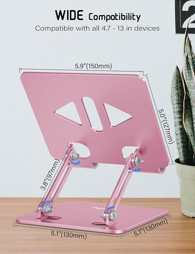 Aoviho Tablet Stand Holder for Desk, Adjustable Desktop Tablet Holder, Foldable Aluminum Tablet Mount for iPad pro 12.9, iPad Air Mini, Samsung Galaxy Tabs Z Fold Kindle Fire,4-12 inch, Rose Gold