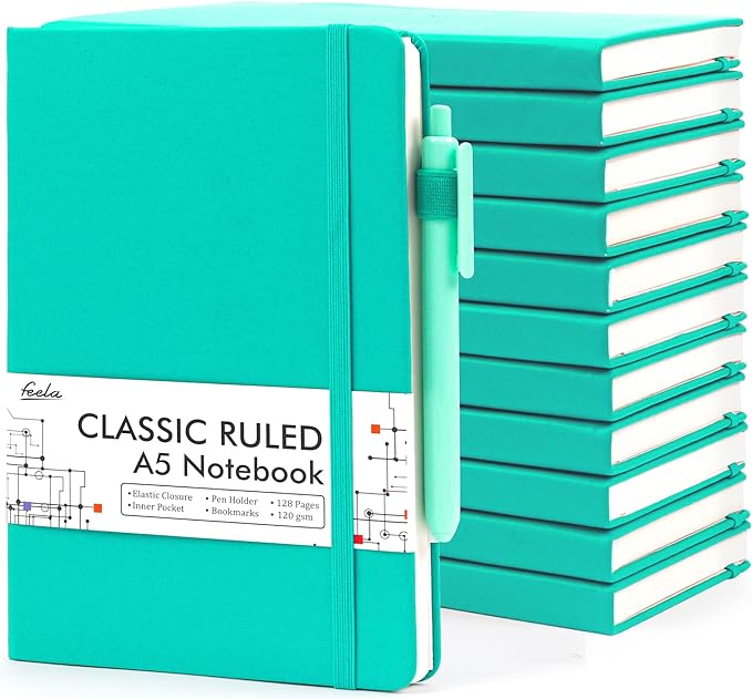feela 12 Pack Notebooks Journals Bulk, Hardcover Notebook Classic Ruled Lined Journals with Pen Holder for Women Girls School Business Supplies, with 12 Black Pens, 120 GSM, 5.1”x8.3”, A5, Aqua