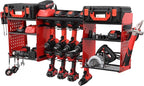 Power Tool Organizer Wall Mount with Charging Station, Heavy Duty Metal Cordless Drill Holder, Garage Tool Storage Battery Rack with 8 Outlet, Gift for Men Husband Dad Birthday Anniversary Red