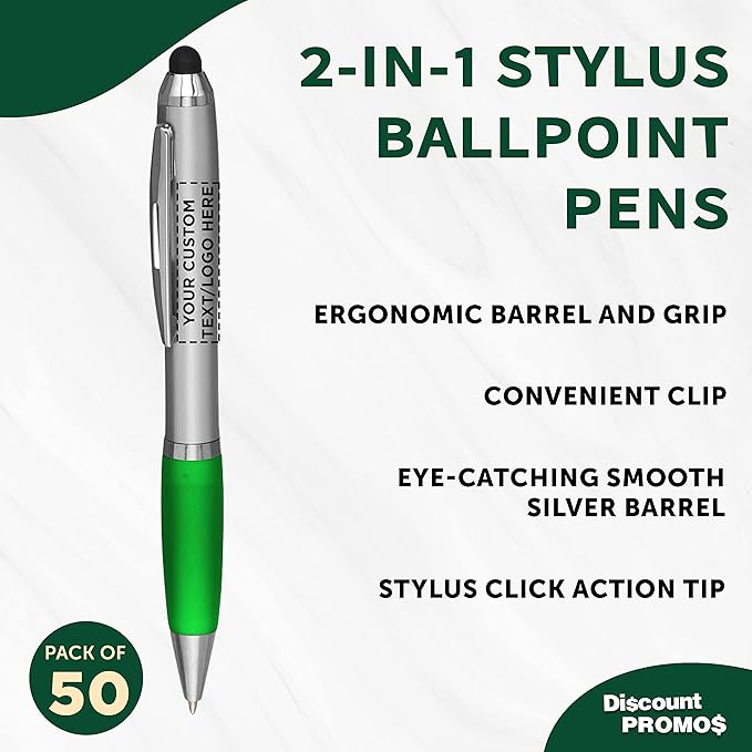 DISCOUNT PROMOS Custom Stylus Ballpoint Pens Set of 50, Personalized Bulk Pack - Black Ink, Great for Office, School, Business, Tradeshows, Events - Green