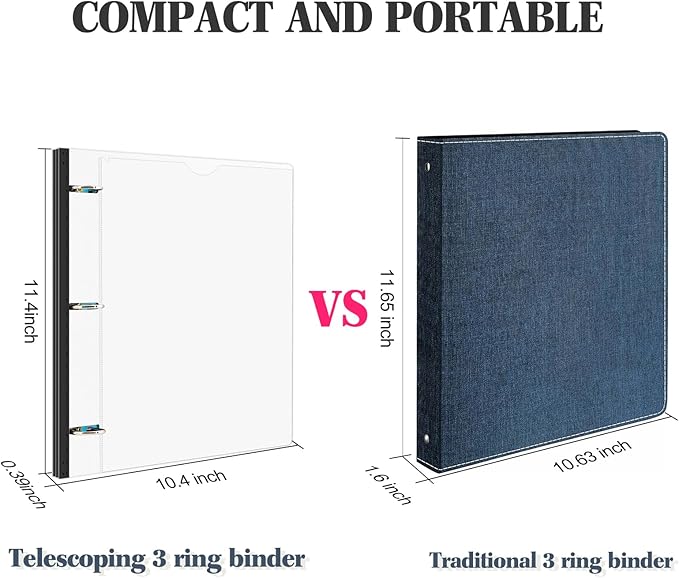 INFUN 1 Inch Telescoping 3 Ring Binder -12 PCS-White, Flexible Binders with Customizable Front Cover and Clear Catalog Pocket, 1Inch Rings, 225 Sheet Capacity