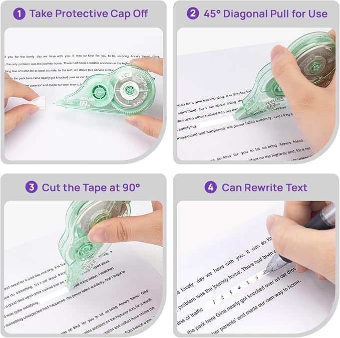 4 Pcs Colorful Core Correction Tape, 39.37 Ft White Wrong Out Tear-Resistant Bulk, Instant Corrections Easy to Use Applicator for School, Office, Note Taking, Journal (Tape Width 0.2 in)