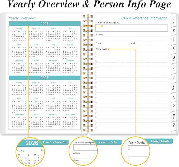 2026 Planner - Planner 2026 from January 2026 to December 2026, Weekly & Monthly Planners Spiral Bound with 12 Monthly Tabs, Inner Pocket, 6.4" x 8.5", Pink