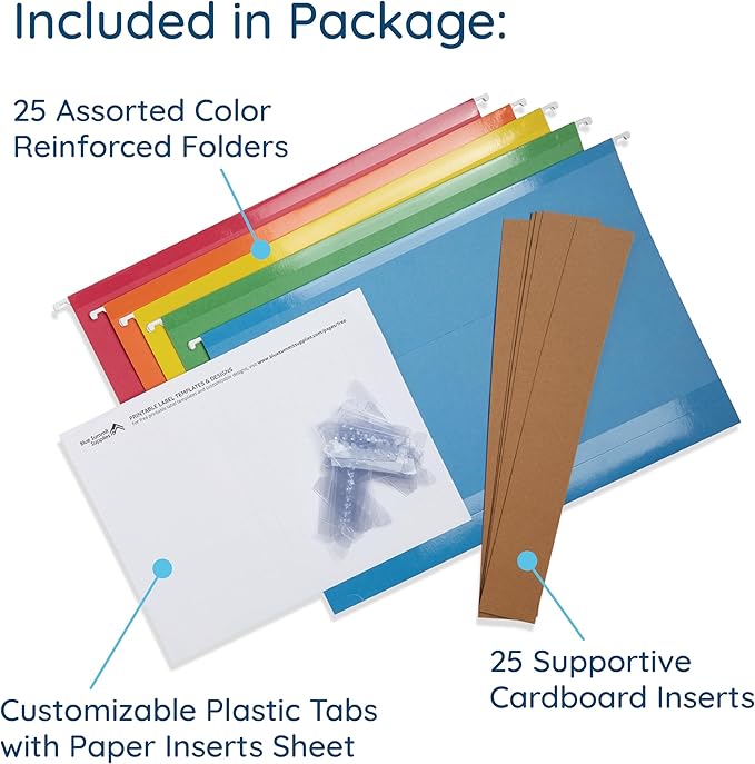 25 Blue Summit Supplies Legal Size Hanging File Folders - Assorted Colors, 2" Expansion, Legal Hanging File Folders for Filing Cabinet, 11PT Paper Stock with Tabs and Inserts Included