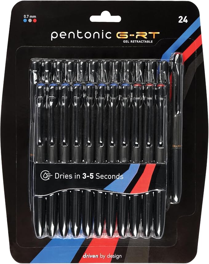 Pentonic GR-T Retractable Gel Pens, 24 Count, Assorted Color Ink (12 Black, 8 Blue, 4 Red), 0.7 mm Fine Point, Smooth Writing For Journaling (1002360)