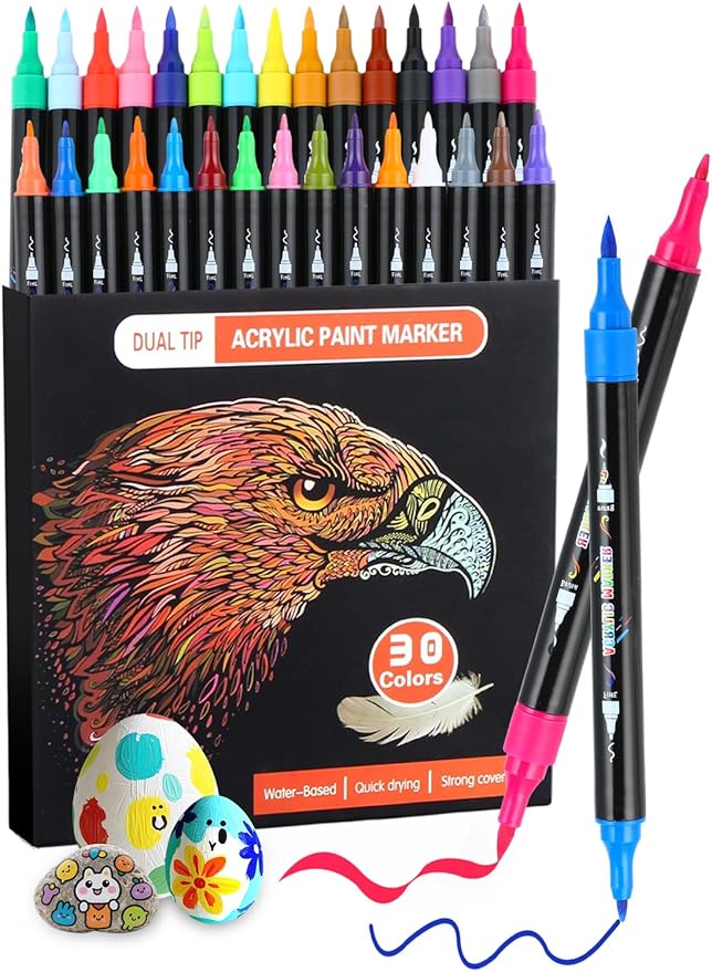 30 Colors Acrylic Paint Pens, Dual Tip Acrylic Paint Markers with Brush and Fine Tips for Kids and Adults, Wood, Canvas, Stone, Rock Painting, Glass, Ceramic Surfaces, DIY Crafts Making