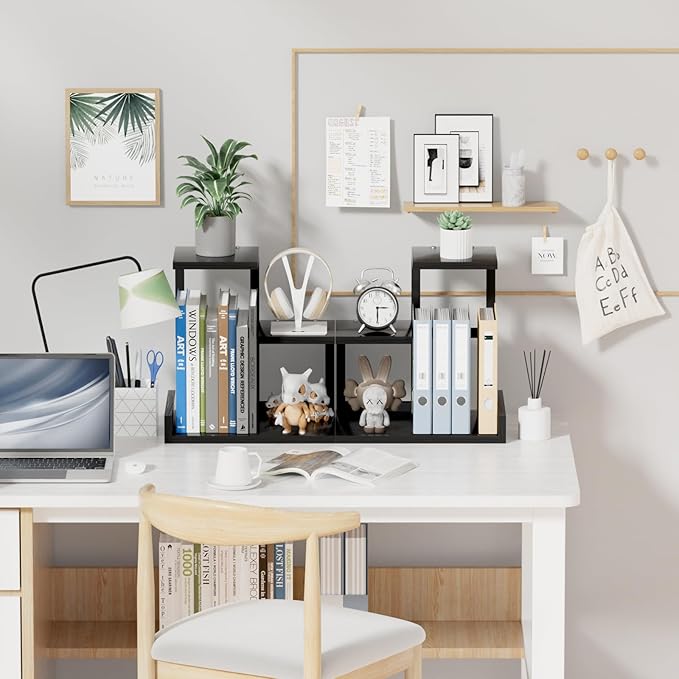 Gannyfer Desk Shelf Organizer - Wood Desktop Shelf, Freestanding Desk Hutch Office Decor, 3 Tier Storage Display Rack, Small Bookshelf with Metal Frame for Books/Plants/Toys (Black)