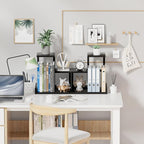 Gannyfer Desk Shelf Organizer - Wood Desktop Shelf, Freestanding Desk Hutch Office Decor, 3 Tier Storage Display Rack, Small Bookshelf with Metal Frame for Books/Plants/Toys (Black)
