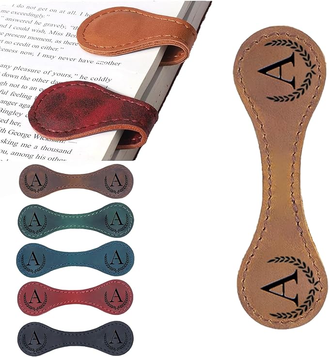 Personalized Magnetic Leather Bookmark, 26 Letters Custom Leather Bookmarks, Handmade, Leather Magnetic Bookmark for Book Lovers Readers Women Kid(Dark Yellow，A）