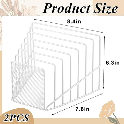 2 Pcs 7 Section Incline File Sorter Metal Wire Mesh File Rack for Desktop Letter Sorter for Magazine Folder Book Organizer Home Office School Paper Mail Desk Storage Holder (White)
