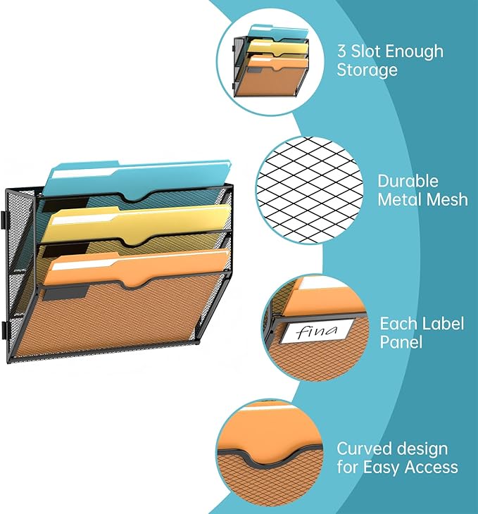 SUPEASY Wall File Organizer Mesh Office Mail Holder, Hanging Wall Organizer Magazine Rack for Office Black, 3 Tier, 2Pack