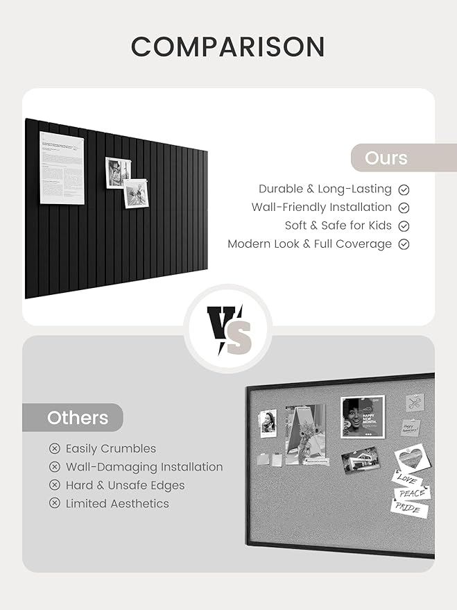 Bumusty Large Cork Board Alternative-36 x24 Felt Bulletin Board Tiles, with 30 Pushpins, 40 Adhesive Tabs, 6-Pack Slat Wall Paneling, Cork Boards for Office Push Pin Board Felt Board-Black