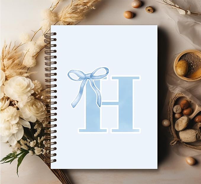 Initial H Notebook Journal,Personalized Teen Girl Gifts,Coquette Trendy Preppy Blue Bow Spiral Notebook,Monogrammed Gifts for Women Teen Girl,College Ruled Hardcover Spiral Notebook 5.5 x 8.3