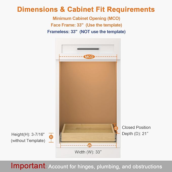 ALINE FURNITURE Birch Pull Out Drawers for Cabinets, 32" W x 21" D Slide Out Shelves for Kitchen Cabinets, Fits 33" Opening, Soft-Close 75-lb Slides, with Pre-Drilled Wood Template, Cabinet Organizer