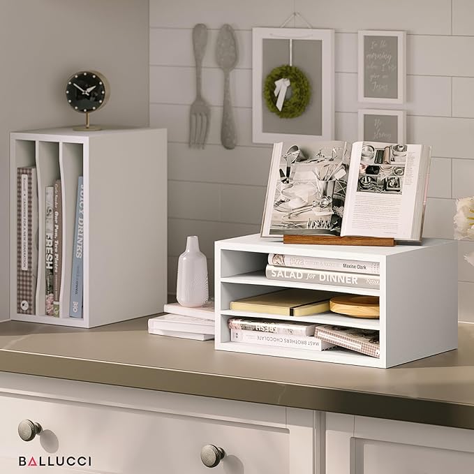 Ballucci Paper Organizer, 3-Tier Stackable Wood Desk Organizer, Document File Organizer and Mail Sorter with Adjustable Storage Shelves, White