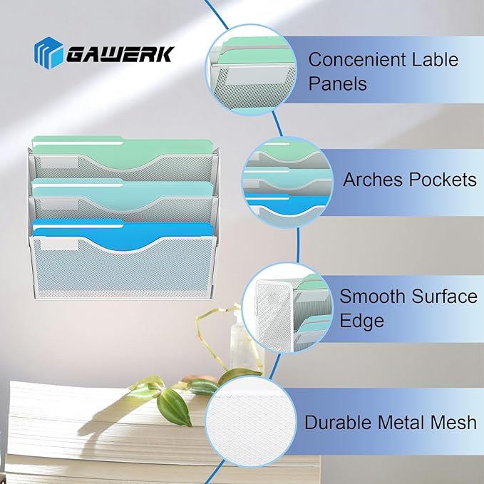 Gawerk 3 Tier Hanging Wall File Organizer, Mesh Mail Paper Orgnization Hanging File Folder Holder for Home Office, White