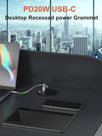 Recessed Power Grommet 3 inch with 20W USB C Ports 2 AC Outlets,Recessed Outlet Fast Charging Station,Desk Hole Grommet Outlets,Round Desktop Power Grommet Outlet for Office,Home (Black, 20W USB)