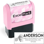 ExcelMark Address Stamp - Custom Return Address Stamp with Elegant Designs, Vibrant Colors & Patterns – Perfect for Mail, Invitations & Gifts (Pink Mount, Script Swirl)