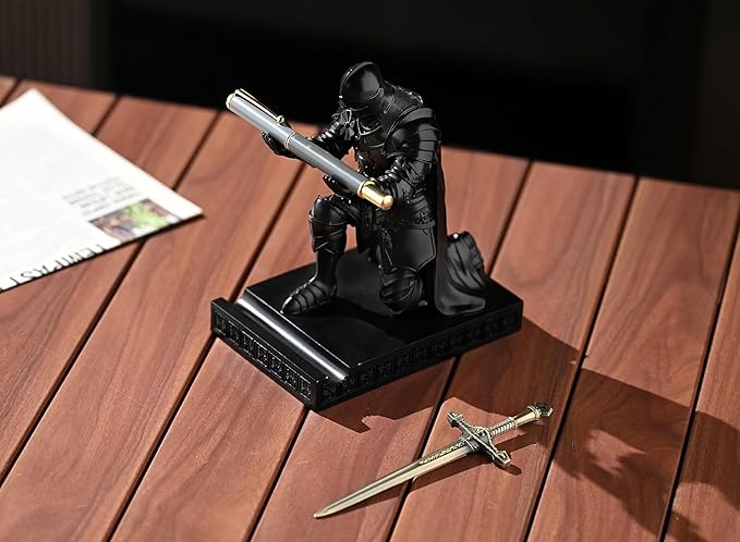 Amoysanli Medieval Armored Warrior Wearing Outerwear, Mobile Phone Stand Knight Pen Holder Desk Organizers, Resin Bookends Paperweight with a Letter Opener for Desk (Black)