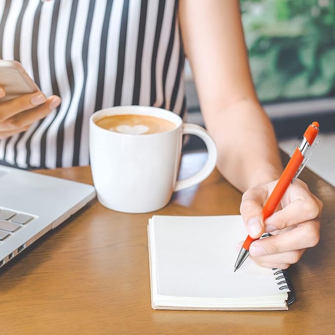 8 Pieces Ballpoint Pen with Stylus Tip Black Ink 2 in 1 Stylus Metal 1.0 mm Medium Point Smooth Pen Rainbow Colorful Rubberized Ballpoint for Touch Screen Tablet(Orange)