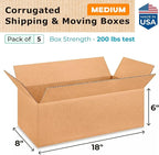Medium Shipping & Moving Boxes 18 x 8 x 6 inches (5-Pack) - Extra Strength 200 lb vs Regular - Corrugated Packing Boxes for USPS/UPS/FEDEX - Moving Cardboard Box - Corrugated Box by IDL Packaging