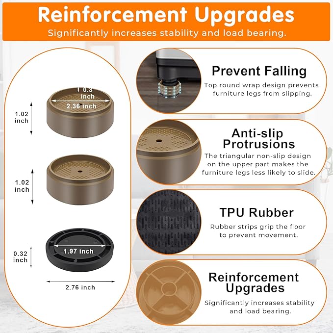 Furniture Risers Bed Risers Heavy Duty 1 inch, 2 inch, 3 inch, 4 inch Round Adjustable Bed Lifts Riser for Desk Legs Table Couch Sofa Chair Refrigerator Washing Machine (1 Inch, Brown, 8 Pack )