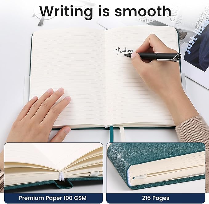 TSFPapier Lined Journal Notebook for Women Men 216 Pages A5 Hardcover Journals for Writing Daily Journaling Notebook for Work, School, Note Taking, Business, Travel Black