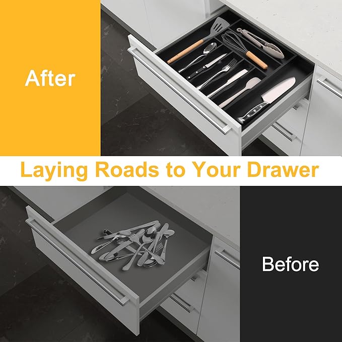 oridom Large Premium Bamboo Silverware Organizer - Expandable Drawer Organizer & Utensil Organizer - 17"x19.7" Cutlery Tray with Dividers for Kitchen Utensils and Flatware (7-9 Slots) (Black)