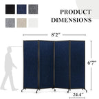 Upgrade Version Room Partition and Divider, Freestanding Rolling Dividers with Wheels,Office Privacy Screen Divider Wall,Classroom Felt Dividers,8'2"L* 6'7"H,4 Panel，Blue
