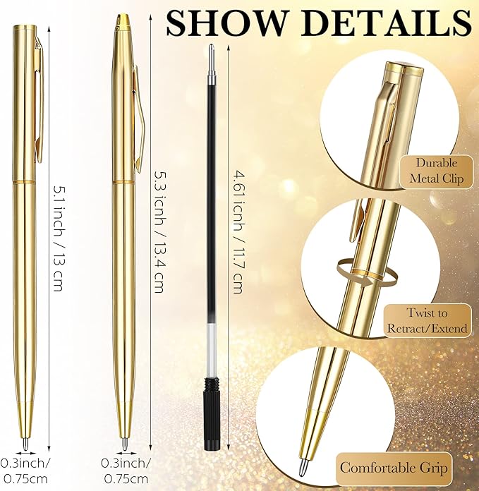 Fuutreo 50 Pack Wedding Gold Pens Bulk Gold Metal Pens Slim Ballpoint Retractable Ballpoint with Black Ink Mini Conical for Wedding Favors Guests, Office Business Teachers,1.0 mm