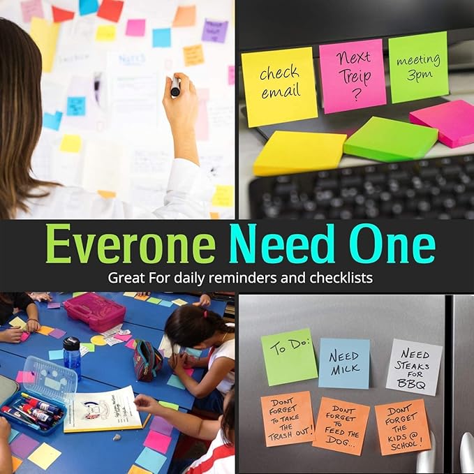 (24 Pads) Sticky Notes 3x3 in 100 Sheets/Pad, Self-Sticky Note Pads, 6 Bright Colors Super Sticky Pads - Easy to Post for School, Office Supplies, Desk Accessories