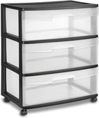 3-Drawer Wide Rolling Storage Cart with Clear Drawers and Wheels, Durable Plastic Storage Organizer for Bedroom, Closet, Dorm and Home Office.