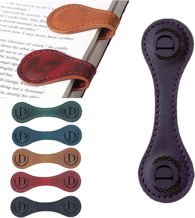 Personalized Magnetic Leather Bookmark, 26 Letters Custom Leather Bookmarks, Handmade, Leather Magnetic Bookmark for Book Lovers Readers Women Kid(Purple，D）