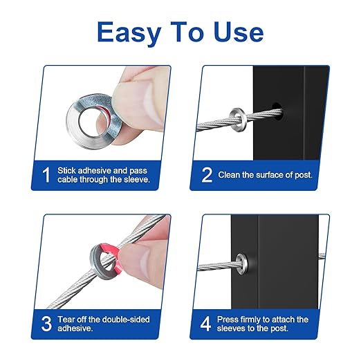 BLIKA 100Pack Cable Railing Adhesive Sleeves for 1/8" 5/32" 3/16" Wire Rope Cable, T316 Stainless Steel, 2.8mm Thickness Cable Railing Protector Adhesive Sleeves for Deck Stair Cable Railing Post Kits