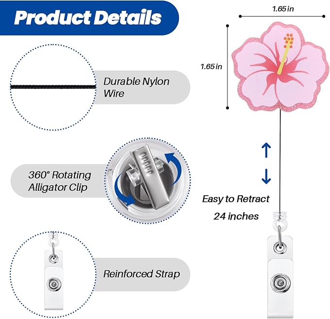 Cute Hibiscus Flower Badge Reel, Retractable ID Card Pink Badge Holders, Work Badge Clip for Pediatric ED ER RN CNA LPN MA PT OT Therapists HR Social Workers Nurses Doctor Teachers Nursing Student